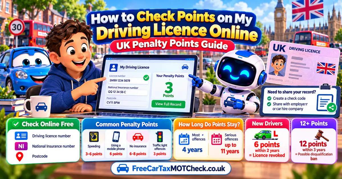 UK driving licence penalty points guide: illustrated infographic showing GOV.UK online check service with key facts — 4 and 11 year endorsement periods, 6-point new driver rule and 12-point disqualification threshold