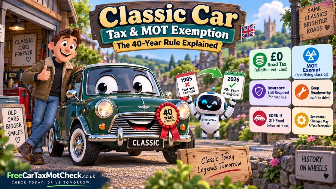 Classic car tax and MOT exemption explained: 40-year-old green classic car showing £0 road tax and MOT exempt status with the rolling annual cutoff date
