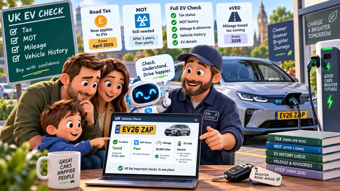 Family at a UK public EV charging station checking electric car tax status, MOT history and vehicle history using a free electric car check service