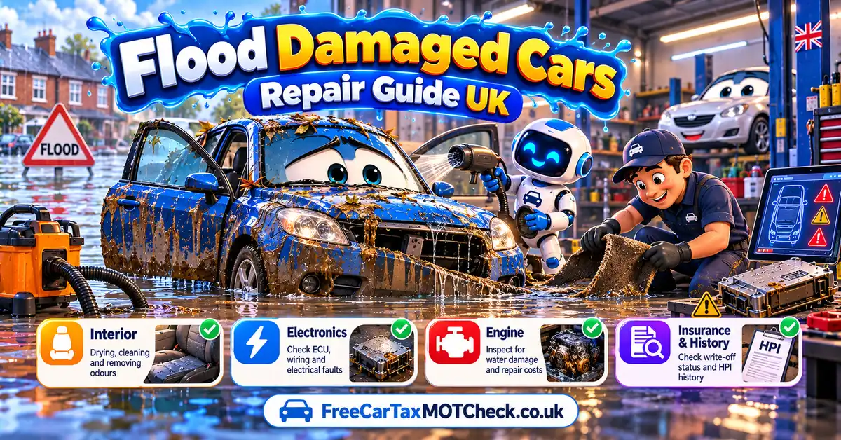 Flood-damaged cars UK repair guide: mechanic assessing a waterlogged car engine bay showing water damage, corroded wiring and ECU alongside a write-off category checklist