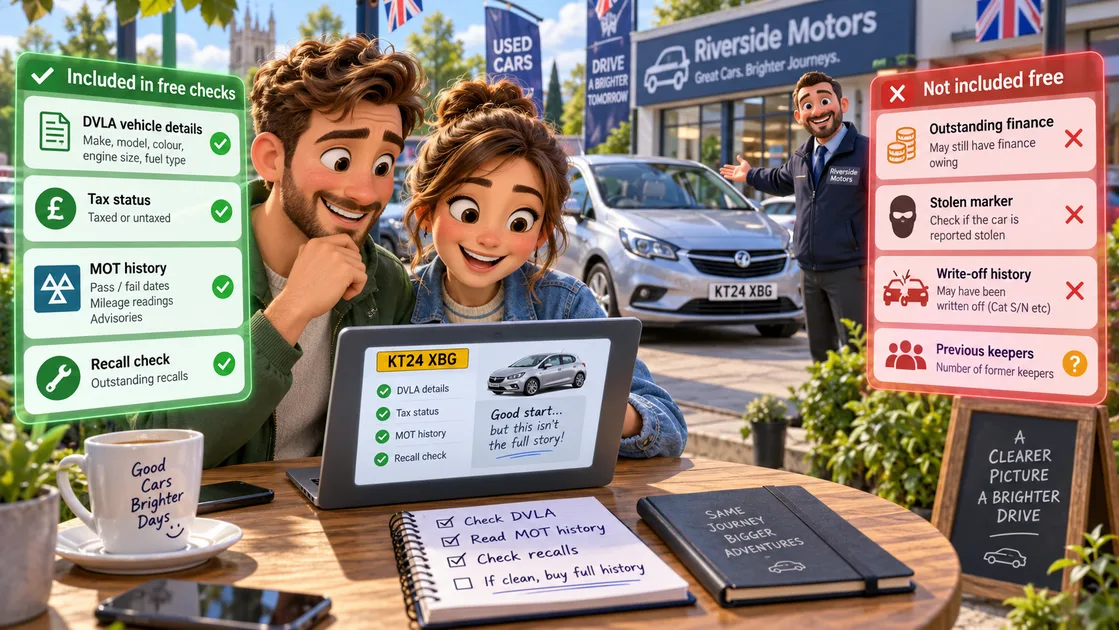 Couple at a used car dealer comparing what a free car history check includes versus what a paid vehicle history check reveals, showing DVLA and MOT records