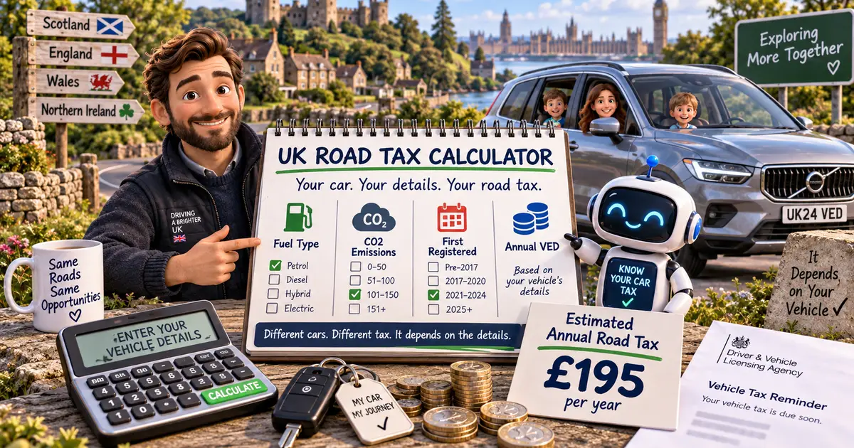 UK road tax cost guide: road tax calculator using fuel type, CO2 emissions and registration date beside a car