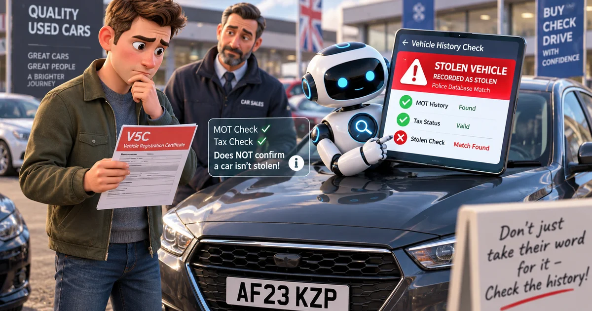 Check if a car has been stolen: buyer holding a V5C as a vehicle history check shows a stolen vehicle match
