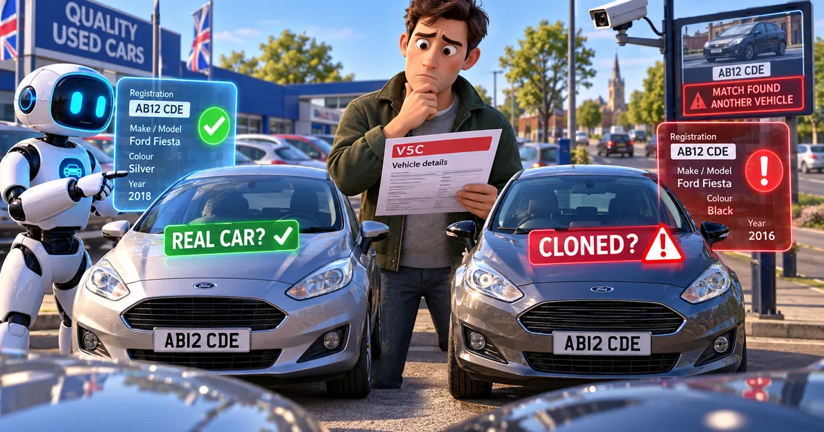 How to spot a cloned car: two identical cars with the same number plate, one genuine and one cloned, checked against a V5C