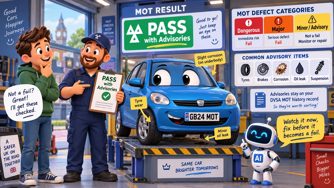 MOT pass with advisories explained: mechanic showing a UK MOT pass certificate with advisory items including tyre wear, underbody corrosion and a minor oil leak highlighted on the car