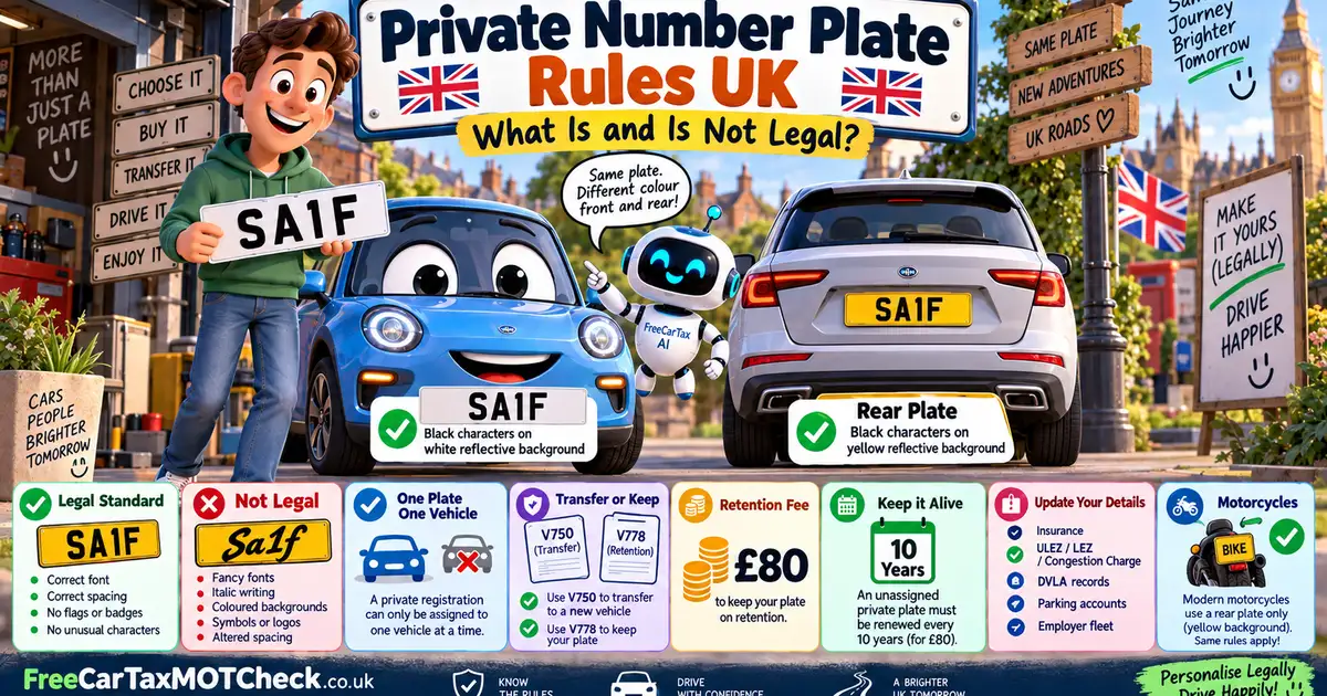 UK private number plate rules infographic: legal white front plate and yellow rear plate, one-vehicle rule, £80 retention fee and 10-year renewal requirement explained