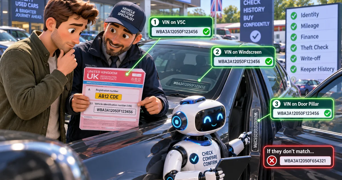 VIN check UK: comparing the vehicle identification number on a V5C logbook with the VIN on the car windscreen and door pillar