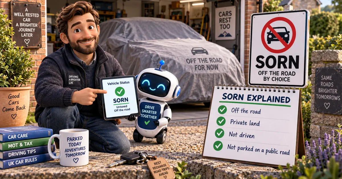 What does SORN mean in the UK: man showing SORN status on a tablet beside a car stored under a cover in a garage