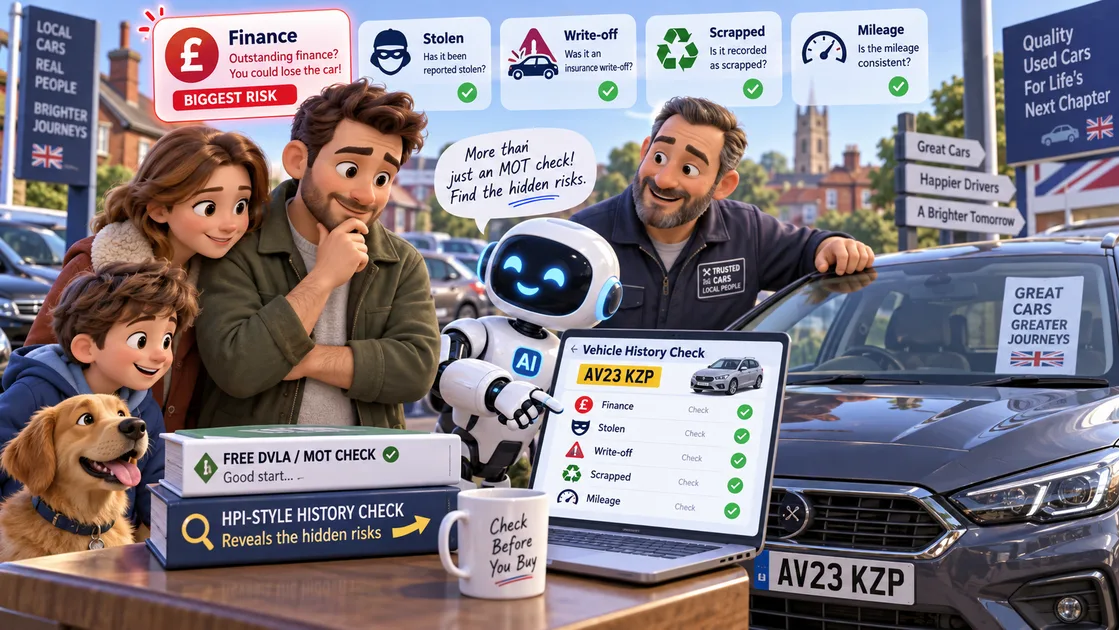 Family and AI robot at a UK dealership reviewing HPI check results showing outstanding finance, stolen status, write-off category and scrapped flag on a used car